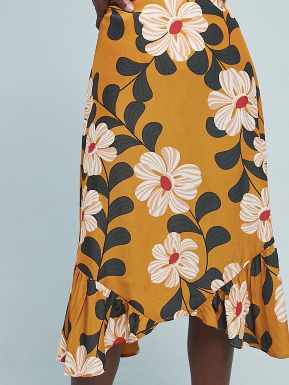 Anthropologie Eva Franco Floral Ruffle Hem Midi Skirt in Mustard 4 Petite